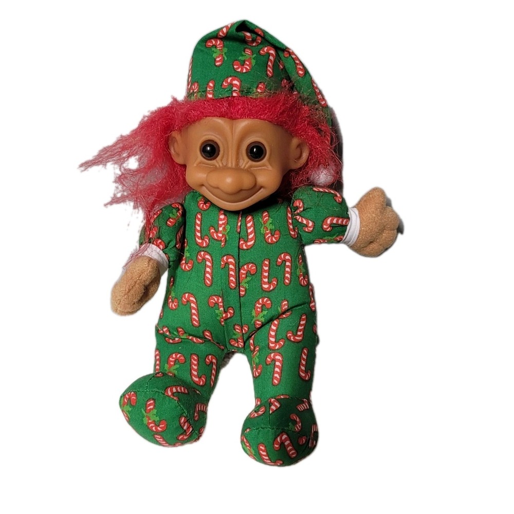 Vintage Russ Berrie & Co. Christmas Troll Doll Stuffed Candy Canes 7" Green Hair